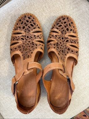 Spring Step Cognac Cutout Leather Sandals with Ankle Strap